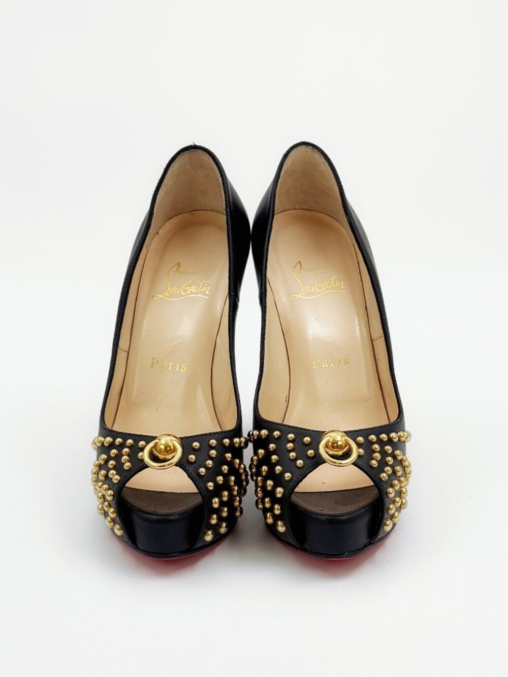 Louboutin Black Leather Gold Stud Peep Toe Platform Pumps
